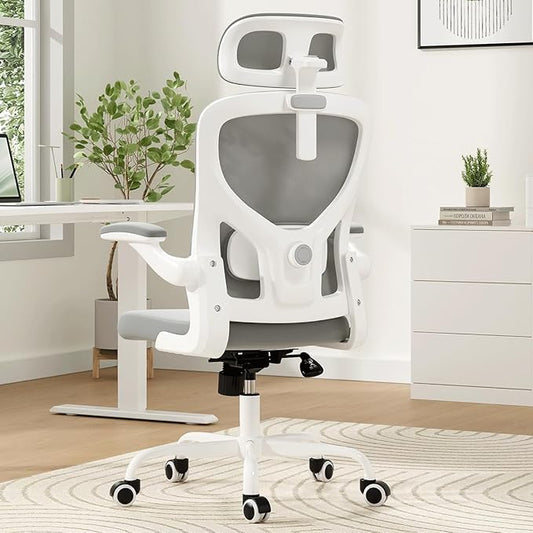 Soohow Ergonomic Office Chair, Office Mesh Desk Chair with Adjustable Lumbar Support Armrests, Comfy Computer Desk Chair with Headrest, for Home and Office, White & Grey