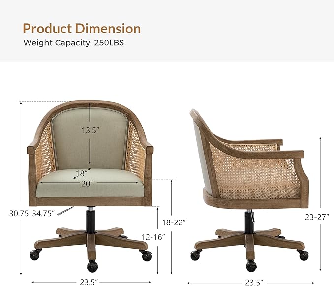 TINA'S HOME Rattan Desk Chair, Upholstered Home Office Chair with Armrest, Adjustable Swivel Rolling Height Computer Task Chair for Living Room Bedroom Study Room, Linen