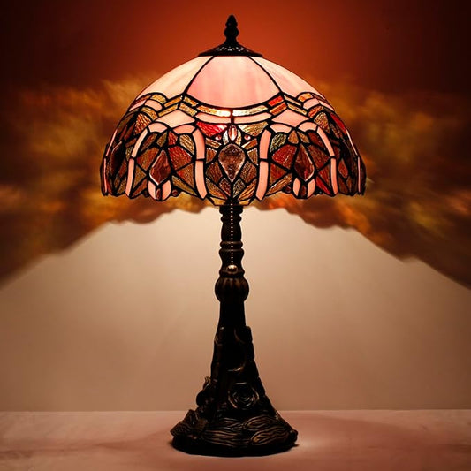 Tiffany Stained Glass Table Lamp 12X12X19 Inch Pink Jewelry Style Desk Bedroom Living Room Reading Light (Pink Bent)
