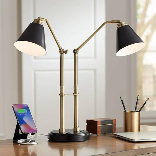 Possini Euro Design Sentry Mid Century Modern Desk Lamp 23" High with USB Charging Port Black Brass Gold Metal LED Adjustable Cone Shade for Living Room Bedroom House Bedside Nightstand Office