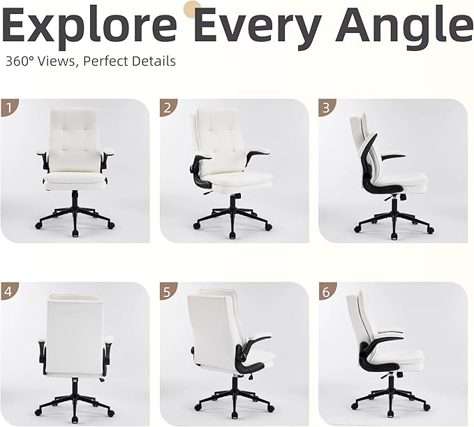 VINGLI Comfy White Leather Office Desk Chair, High-Back Support Ergonomic Computer Task Gaming Chair,with Removable wheels,360° Swivel,Adjustable Height,Flip-Up Arms,for Adults,Teen,Vanity,Home Office