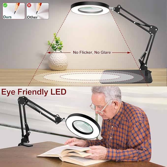 Lighted Magnifying Glass with Light and Stand, 12X Magnifier with Light Hands Free, 5 Color Modes LED Work Lighted, 2-in-1 Magnifying Lamp for Reading Craft Hobby Painting Sewing Close Work