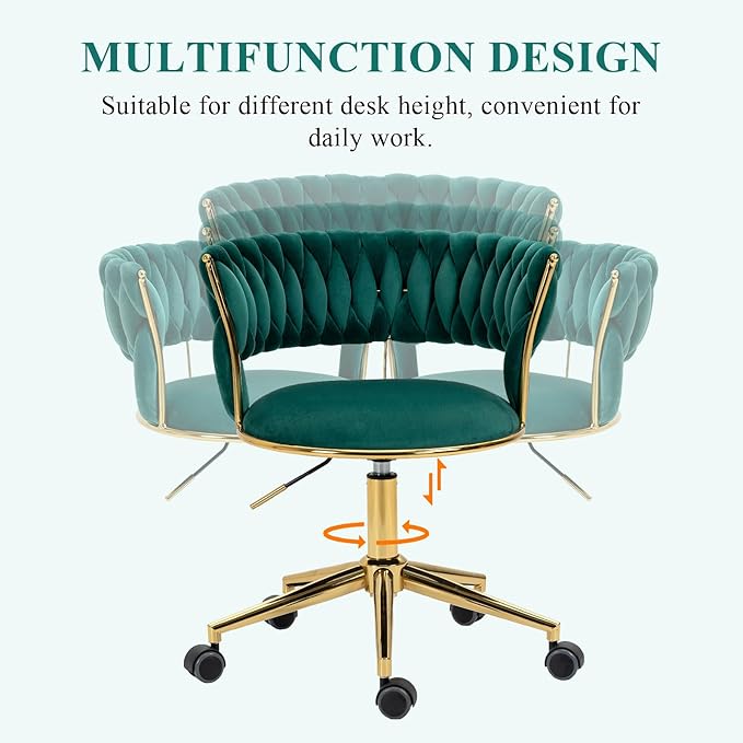 Home Office Chair with Hand Woven, Velvet Upholstered Desk Chair with Open Back, 360° Swivel & Height Adjustable Task Chair, Ergonomic Office Chair with Gold Base (Emerald)