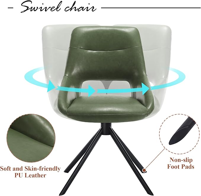 Mid Century Modern Desk Chair No Wheels Set of 1, Faux Leather Swivel Dining Chair with Metal Legs, Swivel Accent Chair Armchair for Small Spaces, Home Office, Living Room, Bedroom, Green
