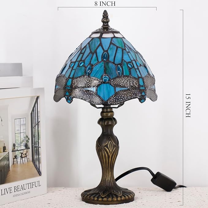 Small Tiffany Lamp Stained Glass Table Lamp Mini Desk Accent Light for Bedroom Bedside Reading Home Antique Style Decor 8X15 Inches (Green Dragonfly)