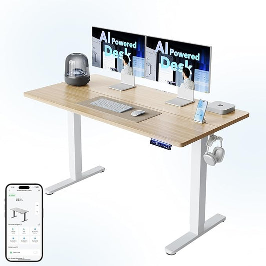 HUANUO AI-Powered Electric Standing Desk with Smart APP, Work with Alexa & Google, Adjustable Height, 6 Memory Settings, Sedentary Reminder, Ergonomic Sit-Stand Desk, 55-inch, Light Walnut