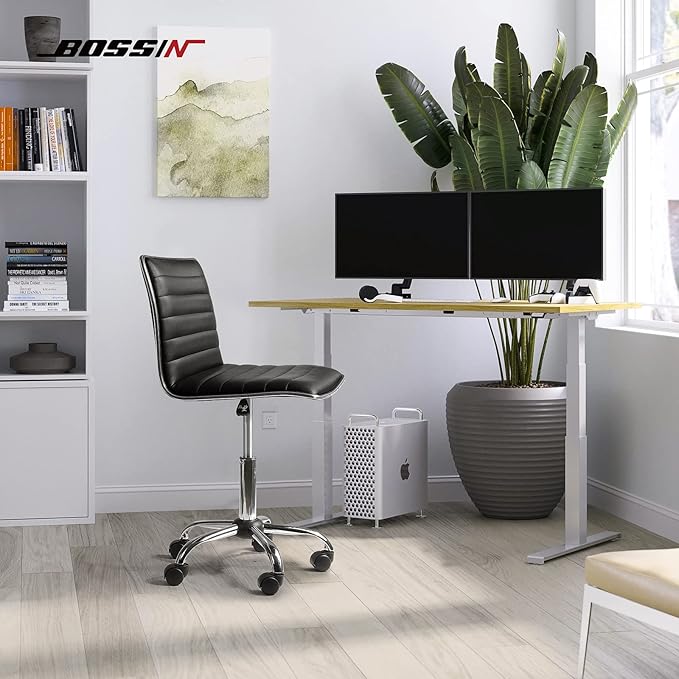 BOSSIN Adjustable Home Office Chair, Mid-Back Armless Ribbed Swivel Task Chair,Vanity Chair for Small Space, Living Room, Make-up, Studying (Black)
