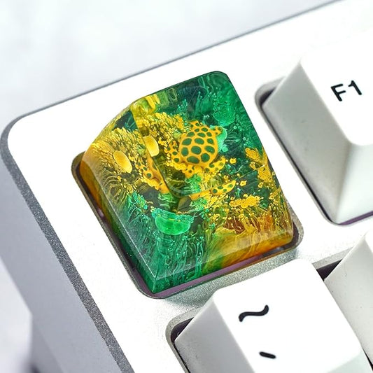 Sea Turtle Artisan Keycap Green and Yellow Coral Reef R1 SA Profile Custom Sea Creatures Keycaps 1U ESC Handmade Gaming Resin Key Cap Cherry MX Switch Compatible Mechanical Keyboard Turtle Lover Gift
