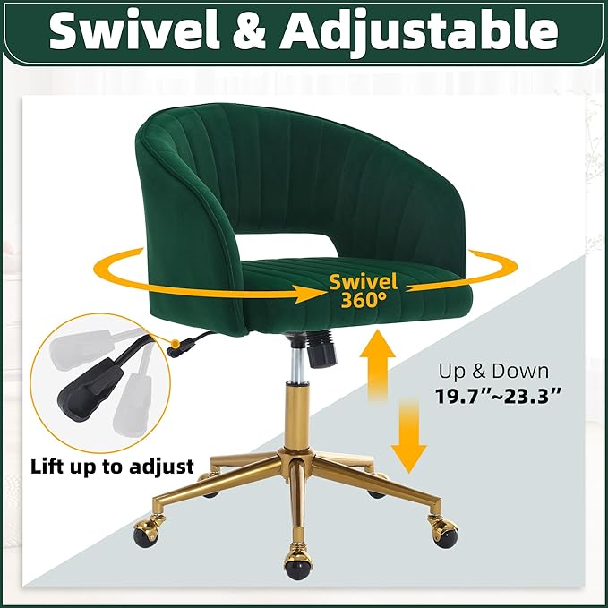 ABET Desk Chair with Wheels, Velvet Home Office Chair, Swivel Armchair Gold Base, Upholstered Modern Accent Chairs, Back Incline Adjustable for Living Room Bedroom Vanity, Dark Green