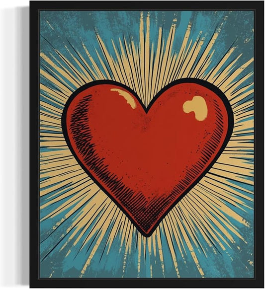 Heart Pop Art Poster Print, Vintage Retro Wall Art Decor Paintings Classic Artwork for Bedroom Living Room Decorations. 43 (Heart, 8 x 10 inches, Black Frame)