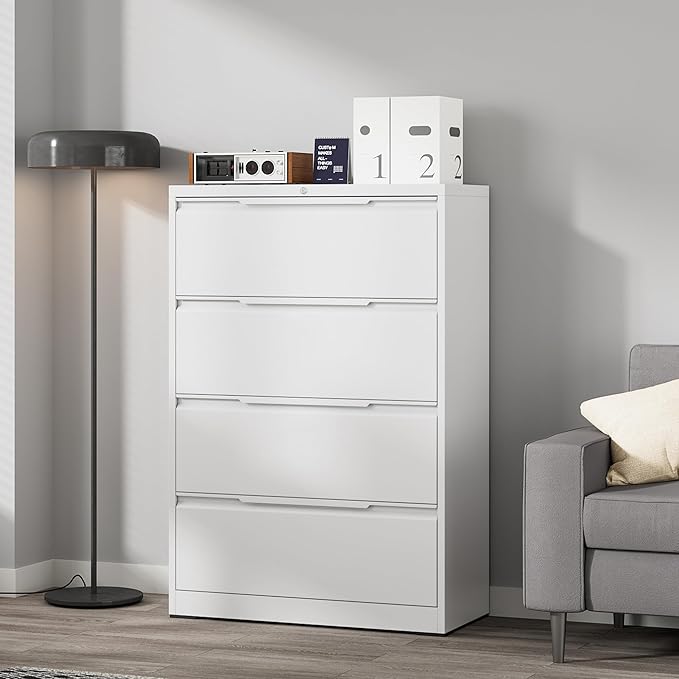 Coolsun Metal Lateral File Cabinet, 4 Drawer File Cabinet with Lock, Wide Filing Cabinet for Home Office, Locking Storage Cabinet for Hanging A4/F4/Letter/Legal, Assembly Required (White, 4 Drawer)
