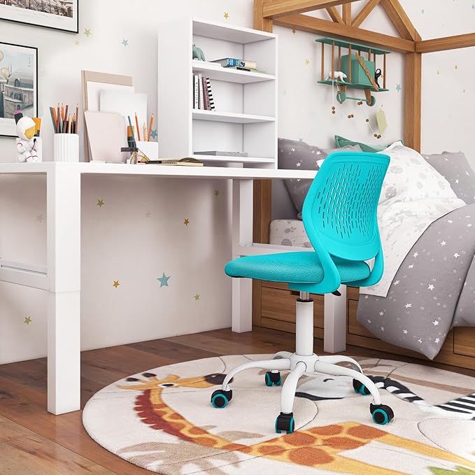 POWERSTONE Small Home Office Desk Chair, Swivel Rolling Study Computer Chair, Adjustable Height Task Chair with Armless Mid Back, Upholstered Mesh Seat,Turquoise
