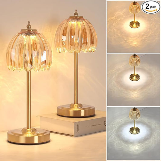 Set of 2 Cordless Table Lamp with 5000mAh Battery & Touch Control - 3 Adjustable Color Temperatures, Dimmable RechargeableTable Lamps for Bedroom, Office Desk, Nightstand (Amber Tulip)