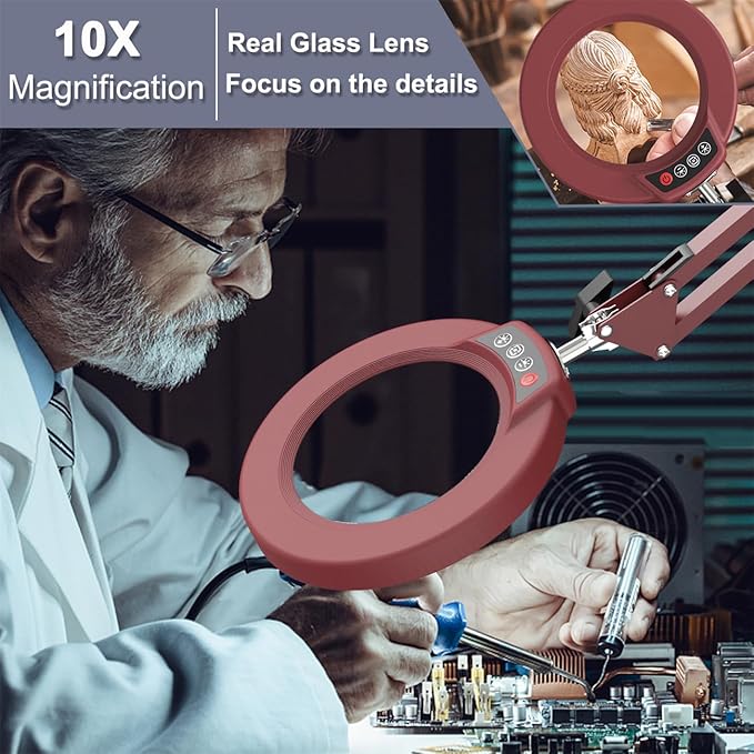 10X Magnifying Glass with Light and Stand, Upgrade Button 5 Color Modes Stepless Dimmable, 2-in-1 LED Lighted Magnifier Light, Hands Free Desk Lamp with Clamp for Craft Hobby Close Work - Red