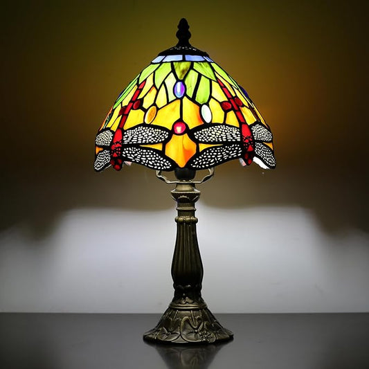 Tiffany Table lamp 8-inch Small Stained Glass lamp in a Vintage Dragonfly Pattern Style can be Used as a Decoration for The Living Room Bedside in The Bedroom or Desk