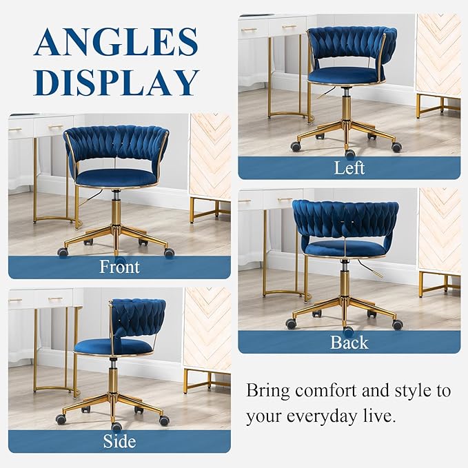 Home Office Chair with Hand Woven, Velvet Upholstered Desk Chair with Open Back, 360° Swivel & Height Adjustable Task Chair, Ergonomic Office Chair with Gold Base (Navy)