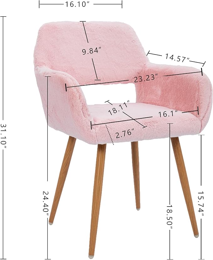 KCC Furry Desk Chair, Mid-Century Modern Accent Faux Fur Chair for Teen Girls, Comfy Armchair with Wood Look Metal Legs for Living Dining Room, Home Vanity Makeup Office Desk Chairs No Wheel, Pink