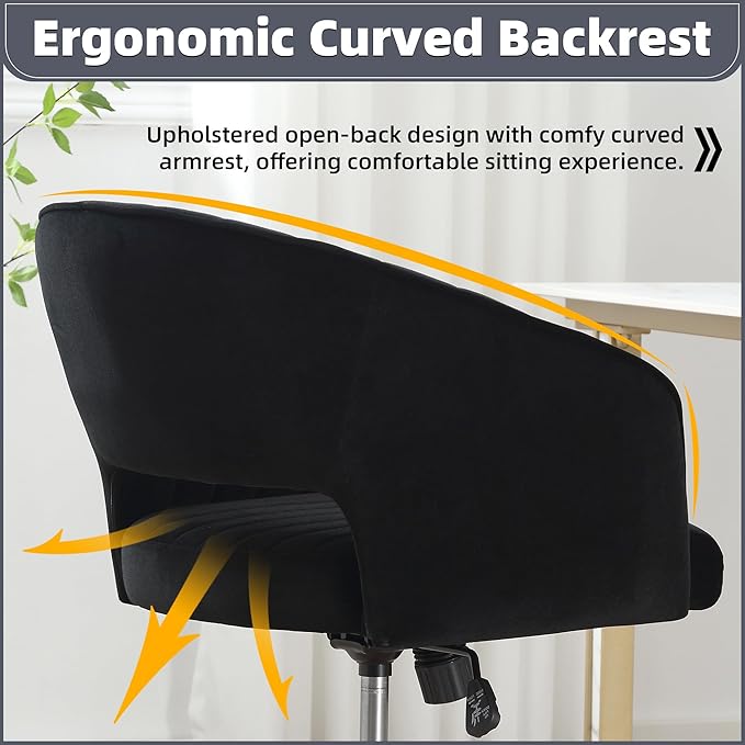 ABET Desk Chair with Wheels, Velvet Home Office Chair, Swivel Armchair Gold Base, Upholstered Modern Accent Chairs, Back Incline Adjustable for Living Room Bedroom Vanity, Black