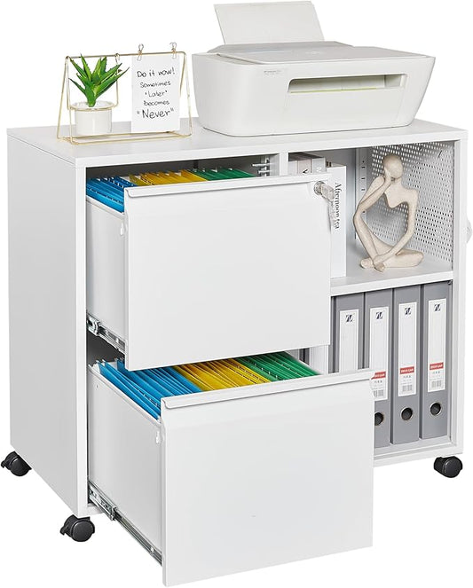 Mobile File Cabinet, 2 Drawer Lateral Filing Cabinets with Lock, Open Storage Cabinet with Adjustable Shelves Fits Letter, A4, Legal Size for Home Office Organization, White