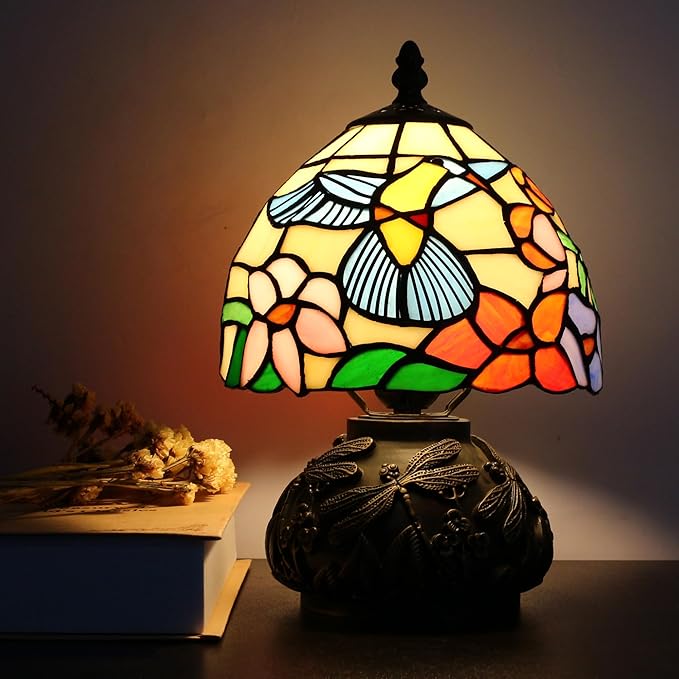 Small Tiffany Lamp Mini Stained Glass Table Lamp Hummingbird Style Mushroom Desk Light Memory Sympathy Lamp 8X11 Inch