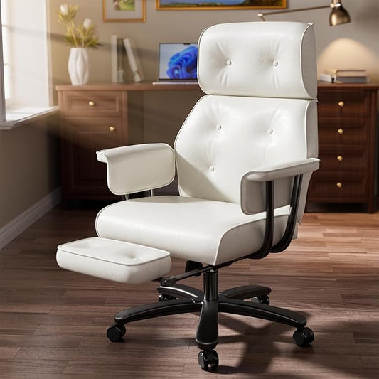 Reclining Office Chair with Footrest, Big and Tall Office Desk Chair 400lbs Wide Seat, Leather High Back Ergonomic Vintage Chair, Heavy Duty Executive Computer Chair, White