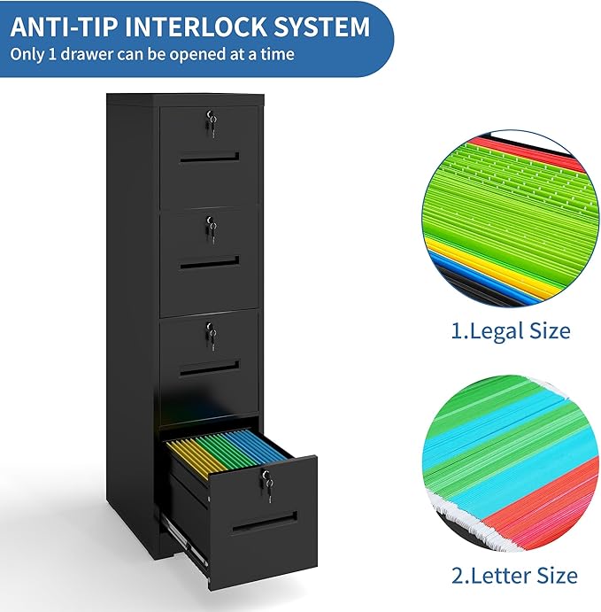 4 Drawer File Cabinet with 4 Individual Locks, Vertical Metal Filing Cabinet Home Office Narrow Locking File Cabinets for A4/Legal/Letter File Folders, Anti-Tilt Design, Need Assemble (Black)