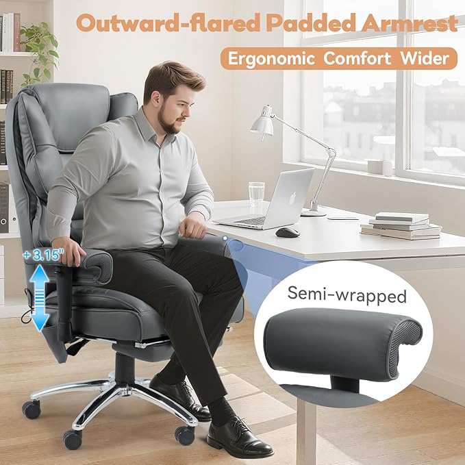 Massage Office Chair with Foot Rest, Ergonomic Executive Heated Office Chair with Reclining Backrest, Adjustable Arms and Lumbar Support, High Back Leather Desk Chairs for Home Office, Grey