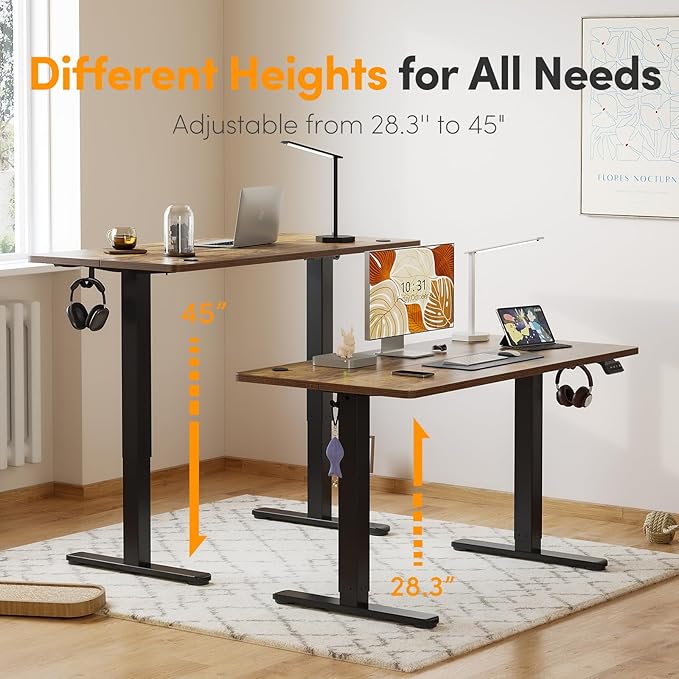 Cubiker 60 x 24 Inch Standing Desk, Stand up Height Adjustable Home Office Electric Table, Sit Stand Desk with Splice Board, Black Frame & Rustic Brown Desktop