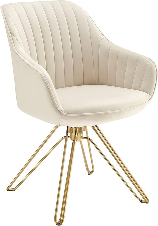 Zouron Mid Century Modern Swivel Accent Chair with Gold Metal Legs, Upholstered Desk Chair No Wheels, Side Office Arm Chair Vanity Chair for Small Space Home Office Living Room Bedroom, Beige