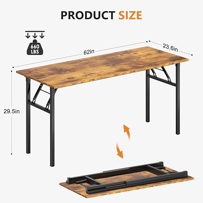 Need Home Office Desk - 62 Inches Large Computer Desk Sturdy Black Table Foldable Desk Gaming Computer Table No Assembly Required Rustic Brown AC5FB(157.5 * 60)