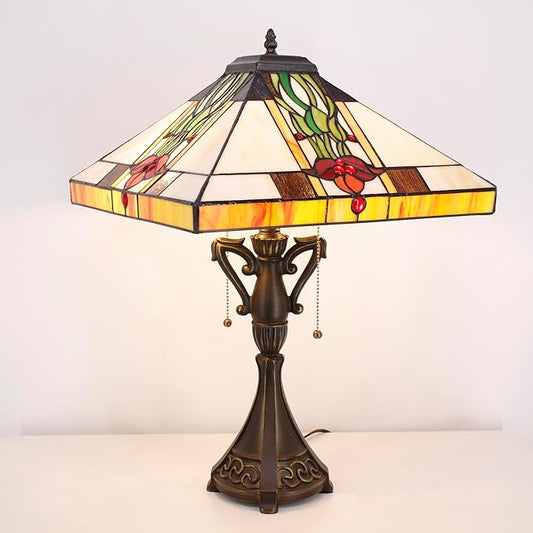 Tiffany Table Lamp Stained Glass Tulip Flower Square Geometric Mission Style Desk Reading Light 16X16X24 Inch for Bedroom Living Room Home Office