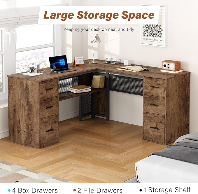 HSH L Shaped Computer Desk with File Drawers, Large Metal Wood L Shape Table with Storage Cabinet Shelves, Reversible Corner Home Office Executive Writing Study Workstation Desk, Rustic Brown, 59 Inch