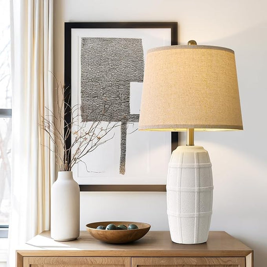 PORTRES 25.5" Ceramic Table Lamps for Bedroom Living Room Modern Lamp Bedside Nightstand Lamp Farmhouse Rustic Boho Retro Vintage Table Lamp Light Home Office Desk Deco Gifts, White