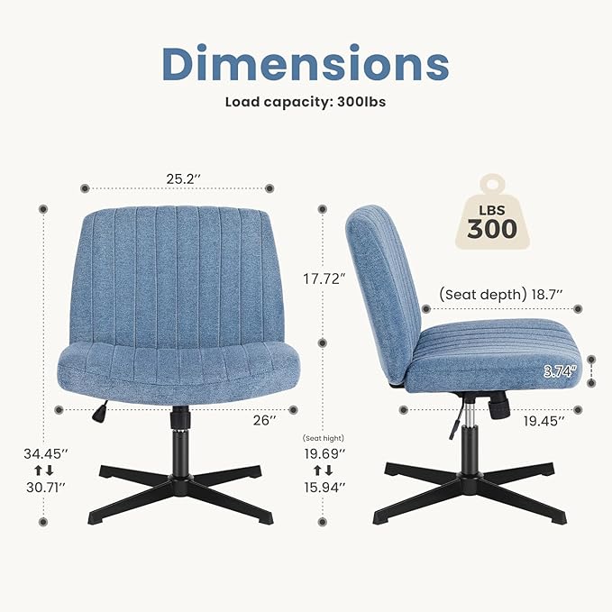 DUMOS Criss Cross Legged Office Chair, Armless No Wheels Wide Seat, Modern Home Desk Height Adjustable Swivel Fabric Comfortable Vanity Seating for Bedroom