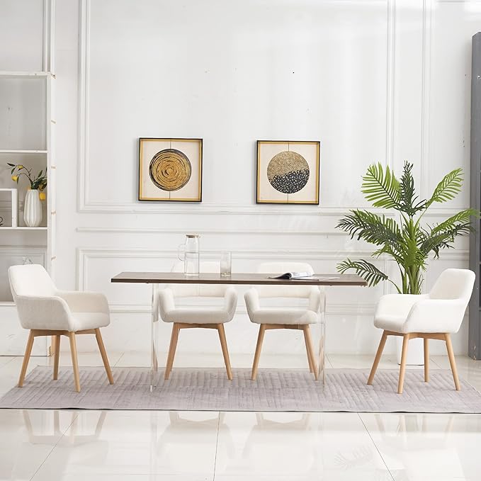 Mid Century Modern Dining Chairs Set of 4 & 2 & 6 Comfy Accent Chair Upholstered Kitchen Dining Living Room Chairs for Bedrooms Waiting Room Home Arm Desk Chair No Wheels (Wool White, 4)