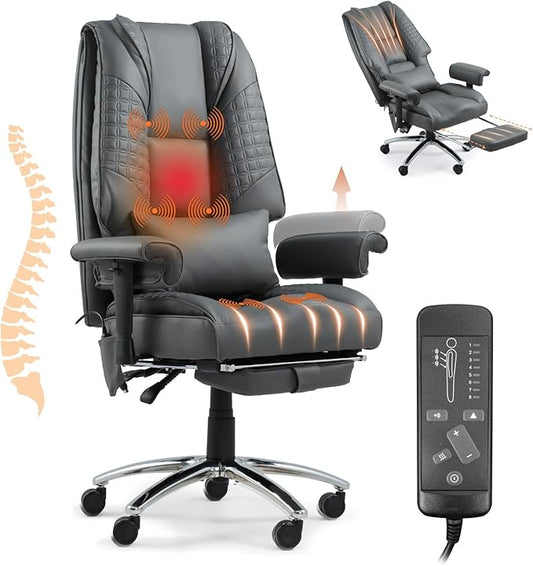 Massage & Heating Office Chair with Foot Rest, Ergonomic Executive Office Chair with Reclining Backrest, Adjustable Arms and Lumbar Support, High Back Leather Desk Chairs for Home Office, Gray