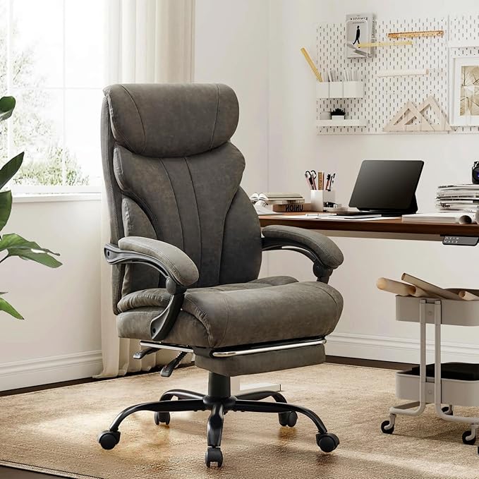 Leather Home Office Chair with Foot Rest,500lbs Big and Tall Ergonomic Desk Chair,360°Swivel Free,90°-155°Recline,43"- 47" Height Adjustable,Silent 360° Casters for Home Office Computer Desk