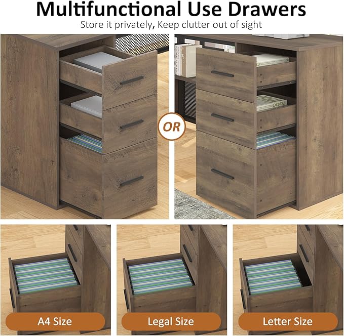 HSH Large L Shaped Home Office Desk with Drawers, Rustic L-shaped Computer Desk with Storage File Cabinet Shelves, Corner Reversible Metal Wood Executive Work Study Writing Table, 59 Inch Bedroom Desk