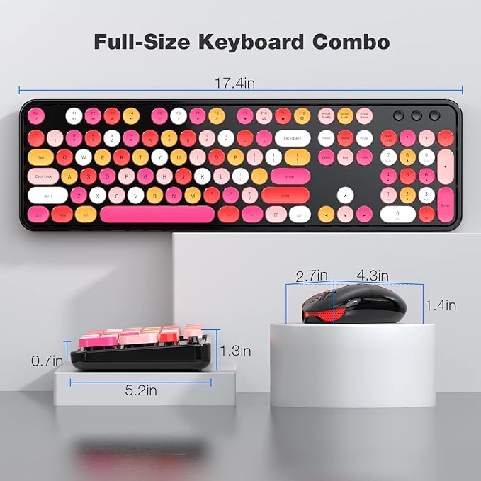 Wireless Keyboard and Mouse Combo - GEEZER Coal Black Full-Sized Colorful Keyboard 104 Keys - USB 2.4 G Receiver Plug and Play with Round Keycap Typewriter Keyboards, for Windows, PC, Laptop, Desktop