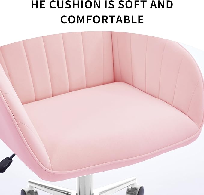 YISHENG Velvet Office Desk Chair with Silver Base, with Wheels,Modern Height Adjustable 360 Degree Swivel Upholstered Vanity Chairs with Arms for Living Room Bedroom,Pink