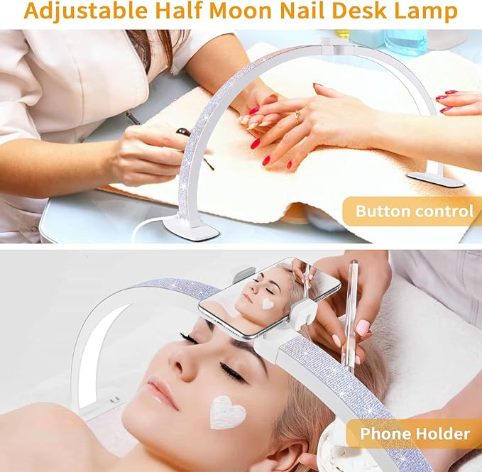 Half Moon Light for Nail Desk,29In Half Moon Lamp with Phone Holder,3000-6000K Nail Lamp Perfect LED Machine Light for Table (AB Diamond)