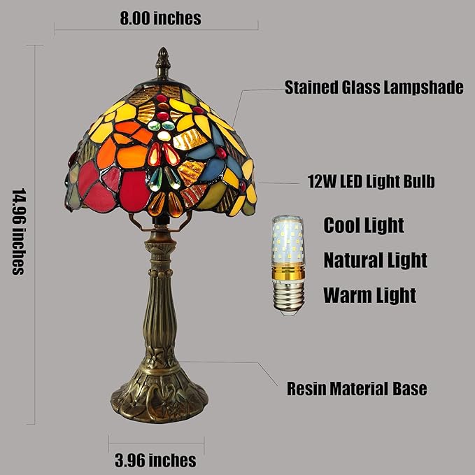 Small Tiffany Table Lamp 3-Way Tiffany Style Desk Lamp Stained Glass Antique Light Home Bedroom Bedside Lamp Retro Reading Decoration Lamps (Small Crushed Flowers Style)