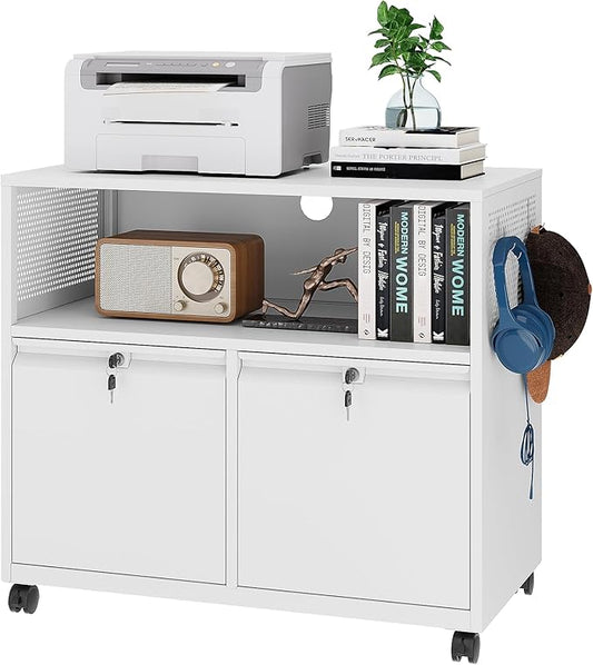 Mobile Filing Cabinet with Lock,Metal Lateral File cabinets Printer Stand with Storage Cabinets for Home Office,A4/F4/Letter (White)