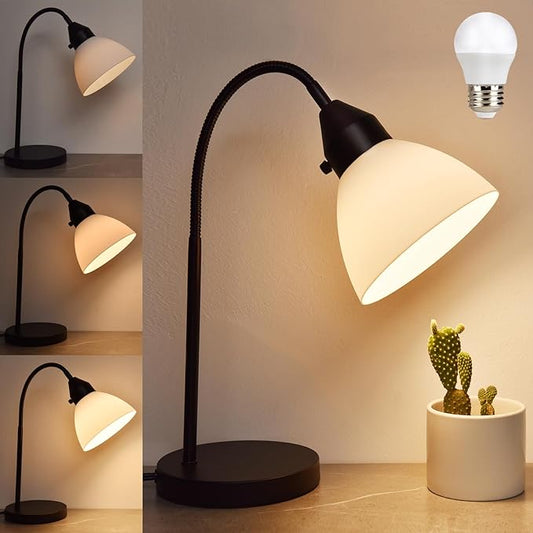 LED Desk Lamp for Home Office, 3 Levels Dimmable Reading Light, Flexible Gooseneck Table Lamp for Bedside Office, Rotary Switch Control, Desk Lamp for College Dorm Study Lamp, Bulb Included, Black