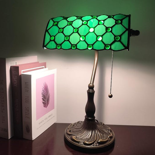 Small Tiffany Style Banker Table Lamp Small Stained Glass Piano Desk Lamp Vintage Bedside Lamp for Home Living Room Office (Green Pearls Style)