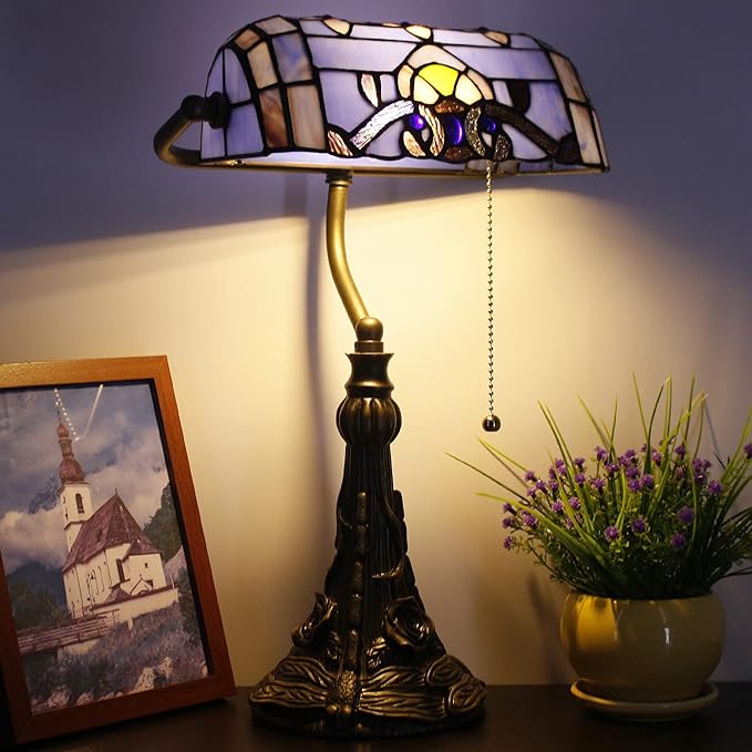 Tiffany Banker Lamp Small Stained Glass Table Lamp Tiffany Style Piano Light Blue Baroque Style Desk Lamp Angle Adjustable 10.6X15.7 Inch for Home Office Living Room Bedroom