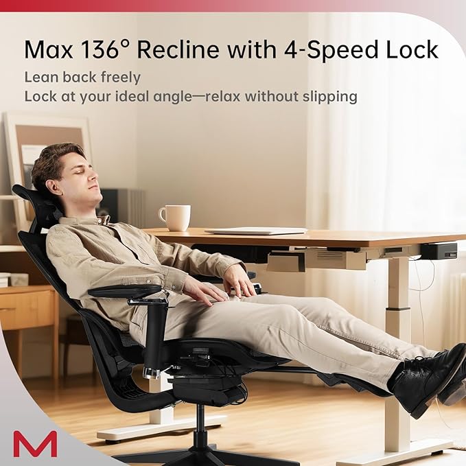 Ergonomic Office Chair with Footrest, Office Chairs with DTS Dynamic Lumbar Support, Desk Chairs with 4D Armrest, 136° Recline,Mesh Back Desk Chair with 3D Headrest, Adjustable Computer Chair