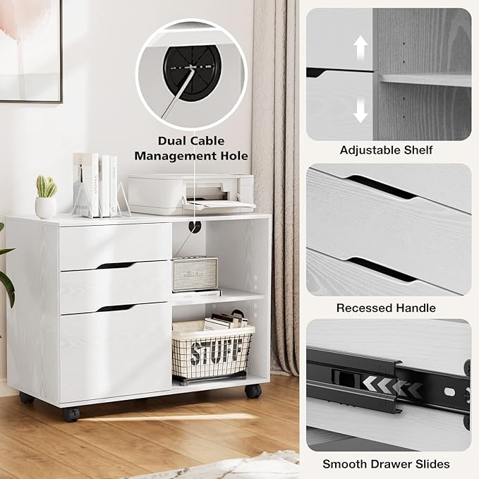 File Cabinet with 3 Drawers, Mobile Lateral Filing Cabinet with Open Storage Shelves for Home Office Under Desk Storage, White