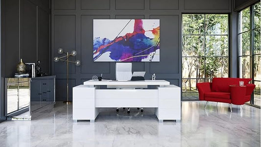 Zuri Furniture 79" Modern Ford Executive Desk with Filing Cabinets - White