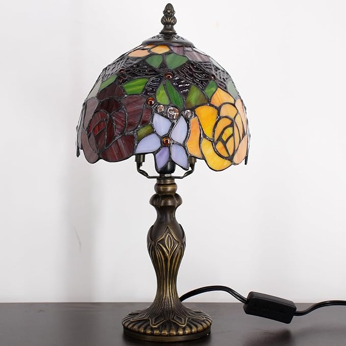 Small Tiffany Lamp Stained Glass Table Lamp Mini Desk Accent Light for Bedroom Bedside Reading Home Antique Style Decor 8X15 Inches (Red Yellow)